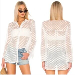 LPA Floral Lace Mesh Button Down Top Women Large White Sheer Long Sleeve Boho